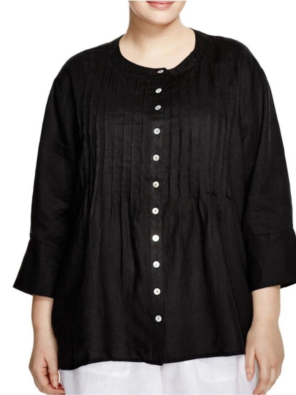 Allen Allen Women’s Size 2X Black 100% Linen Button Down 3/4 Sleeve Shirt